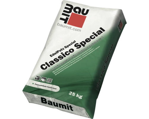 Un sac de 25 kilograme de tencuială decorativă minerală Baumit Classico Special pentru sisteme termoizolante.