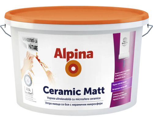 Vopsea mată de interior Alpina Ceramic Matt, ultralavabilă cu microsfere ceramice, 2,5 litri pentru circa 25 metri pătrați.