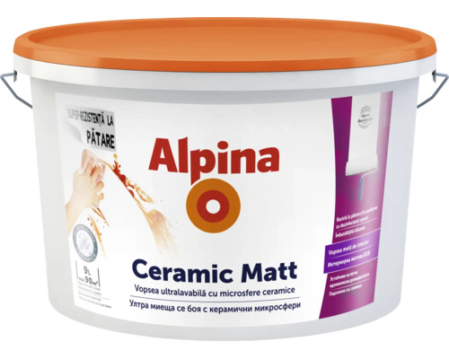 Vopsea lavabilă de interior Alpina Ceramic Matt, găleată de 9 litri, rezistentă la pătare cu microsfere ceramice.