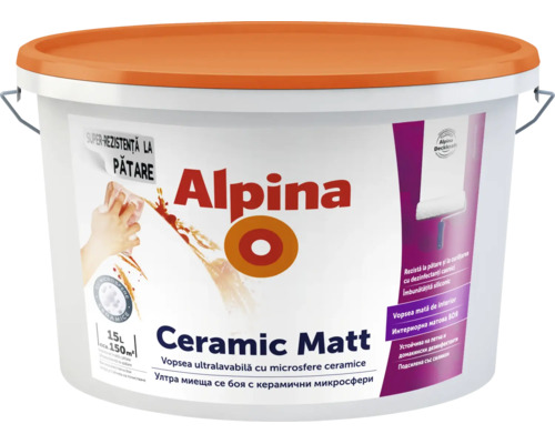 Vopsea mată de interior Alpina Ceramic Matt cu microsfere ceramice, găleată de 15 litri pentru circa 150 metri pătrați.