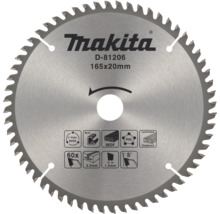 Pânză de ferăstrău circular Makita 165 pe 20 milimetri cu 60 de dinți pentru aluminiu, MDF, PVC și plăci aglomerate laminate. Makita Logo.
