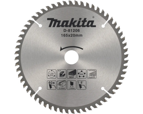 Pânză de ferăstrău circular Makita 165 pe 20 milimetri cu 60 de dinți pentru aluminiu, MDF, PVC și plăci aglomerate laminate. Makita Logo.