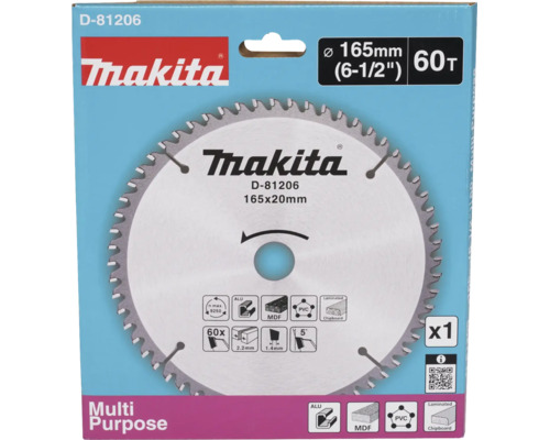 Pânză de ferăstrău circular Makita, 165 milimetri, 60 dinți, pentru aluminiu, plăci din fibre, plastic și plăci din așchii.