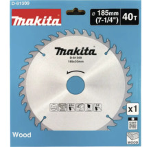 Disc de fierăstrău circular Makita pentru lemn cu diametrul de 185 milimetri, alezaj de 30 milimetri și 40 de dinți. Makita Logo.