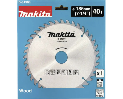 Disc de fierăstrău circular Makita pentru lemn cu diametrul de 185 milimetri, alezaj de 30 milimetri și 40 de dinți. Makita Logo.