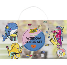 Set culori pentru ferestre Folia Window Color Set Basic Small 14 piese cu motive de animale marine cântând la instrumente muzicale.