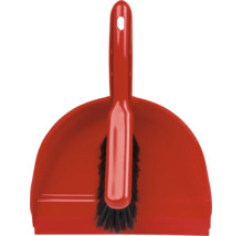 Set de măturat compus dintr-o măturică cu peri negri și un făraș din plastic roșu.