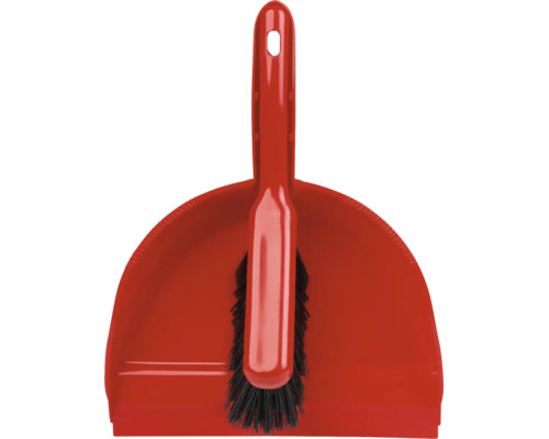 Set de măturat compus dintr-o măturică cu peri negri și un făraș din plastic roșu.