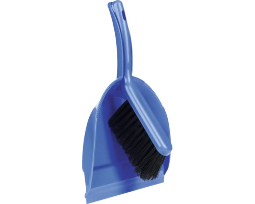 Set făraș și măturică din plastic albastru cu peri negri.