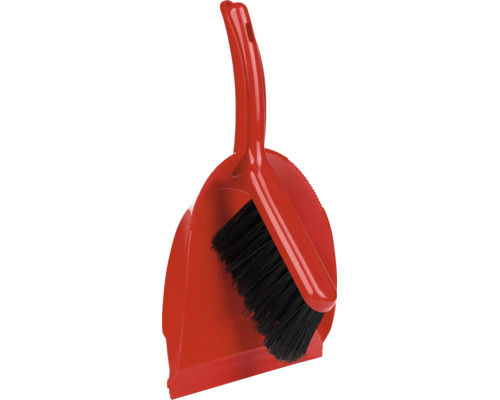Set roșu din plastic cu făraș și măturică cu peri negri.