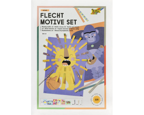 Set de motive de împletit Folia Safari pentru copii cu 225 de piese în format DIN A4 pentru animale precum leul și gorila. Folia Logo.