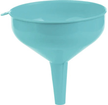 Pâlnie din plastic de culoare albastră cu ureche de prindere.