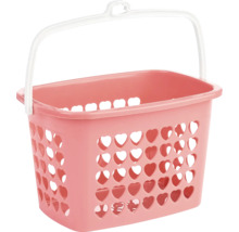 Coș roz din plastic cu orificii în formă de inimă și mâner alb.