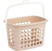 Coș bej pentru cârlige de rufe din plastic cu orificii în formă de inimă și mâner alb.