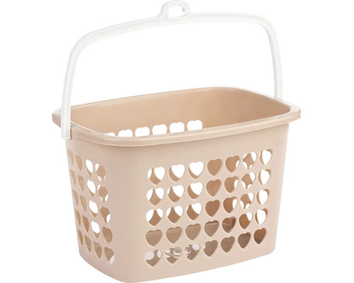 Coș bej pentru cârlige de rufe din plastic cu orificii în formă de inimă și mâner alb.