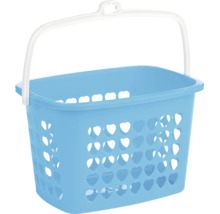 Coș din plastic albastru cu decupaje în formă de inimă și mâner alb.