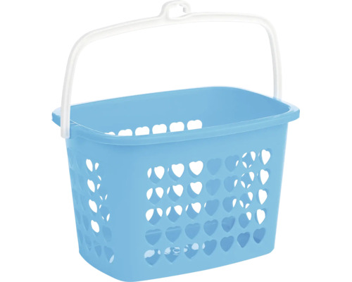 Coș din plastic albastru cu decupaje în formă de inimă și mâner alb.