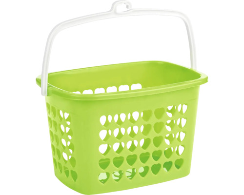 Coș verde pentru cârlige de rufe din plastic, cu mâner alb și decupaje în formă de inimă.