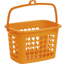 Coș portocaliu din plastic pentru cârlige de rufe cu decupaje în formă de inimă și mâner