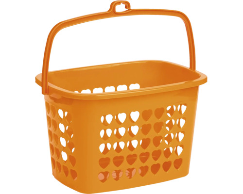 Coș portocaliu din plastic pentru cârlige de rufe cu decupaje în formă de inimă și mâner