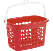 Coșuleț din plastic pentru cârlige de rufe, cu model de inimioare, mâner alb și cârlig de agățare.