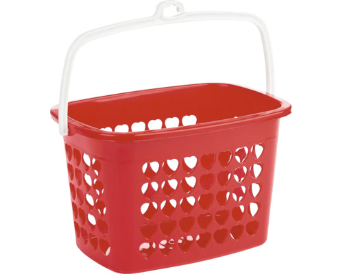 Coșuleț din plastic pentru cârlige de rufe, cu model de inimioare, mâner alb și cârlig de agățare.