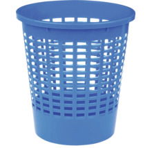 Coș de rufe rotund albastru din plastic cu structură tip grilaj.