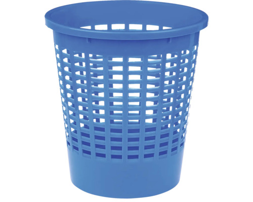 Coș de rufe rotund albastru din plastic cu structură tip grilaj.