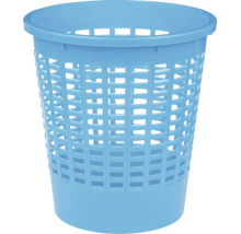 Coș de gunoi rotund din plastic albastru cu structură de grilă.