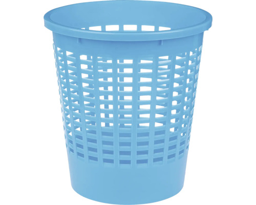 Coș de gunoi rotund din plastic albastru cu structură de grilă.