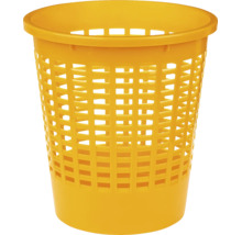 Coș de gunoi rotund galben din plastic pentru hârtie cu structură tip rețea.