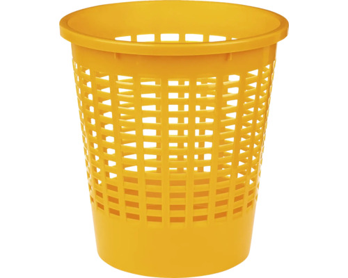 Coș de gunoi rotund galben din plastic pentru hârtie cu structură tip rețea.
