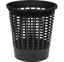 Coș de gunoi rotund din plastic negru pentru hârtie cu structură tip plasă.