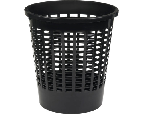 Coș de gunoi rotund din plastic negru pentru hârtie cu structură tip plasă.