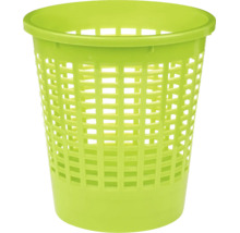 Coș de gunoi rotund verde din plastic cu model tip grilă perforată.