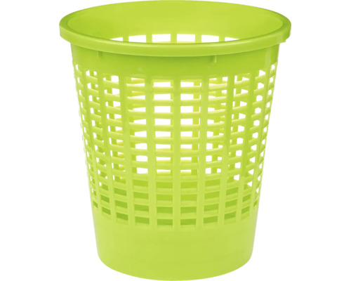 Coș de gunoi rotund verde din plastic cu model tip grilă perforată.