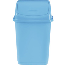 Coș de gunoi albastru deschis cu capac batant din plastic pentru baie sau bucătărie.