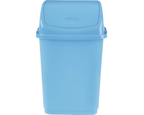 Coș de gunoi albastru deschis cu capac batant din plastic pentru baie sau bucătărie.