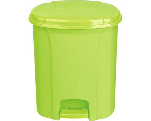Coș de gunoi verde cu pedală din plastic cu capac și pedală.