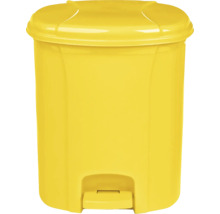 Coș de gunoi galben cu pedală din plastic cu capac și pedală.