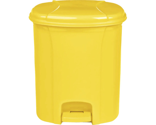 Coș de gunoi galben cu pedală din plastic cu capac și pedală.