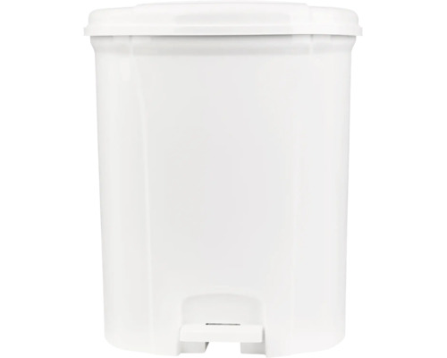 Coș de gunoi cu pedală alb din plastic cu capac.