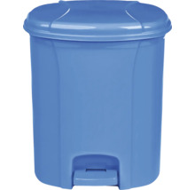 Coș de gunoi albastru cu pedală din plastic, cu capac și pedală de picior.