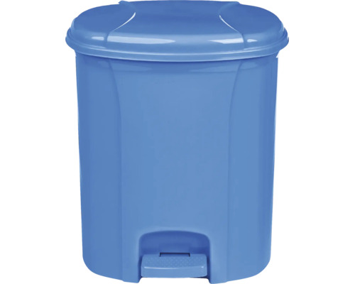 Coș de gunoi albastru cu pedală din plastic, cu capac și pedală de picior.