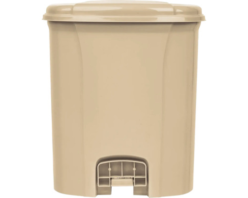 Coș de gunoi bej cu pedală din plastic cu capac.