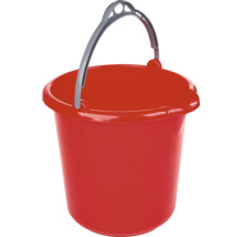 Găleată din plastic roșie cu mâner de transport gri și cioc de scurgere integrat.