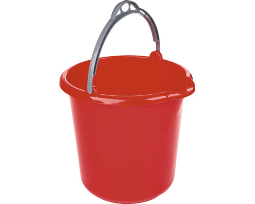 Găleată din plastic roșie cu mâner de transport gri și cioc de scurgere integrat.