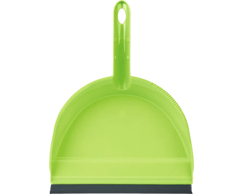Făraș din plastic verde cu marginea din cauciuc și orificiu pentru agățat.