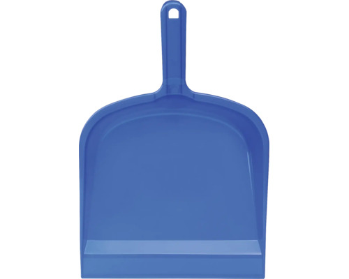 Făraș albastru din plastic cu mâner scurt și orificiu pentru agățat.