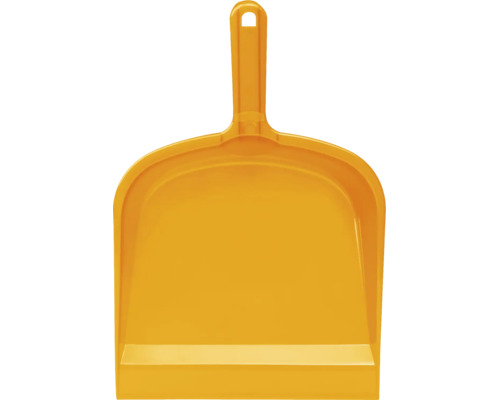 Făraș galben din plastic cu mâner scurt și orificiu pentru agățare.